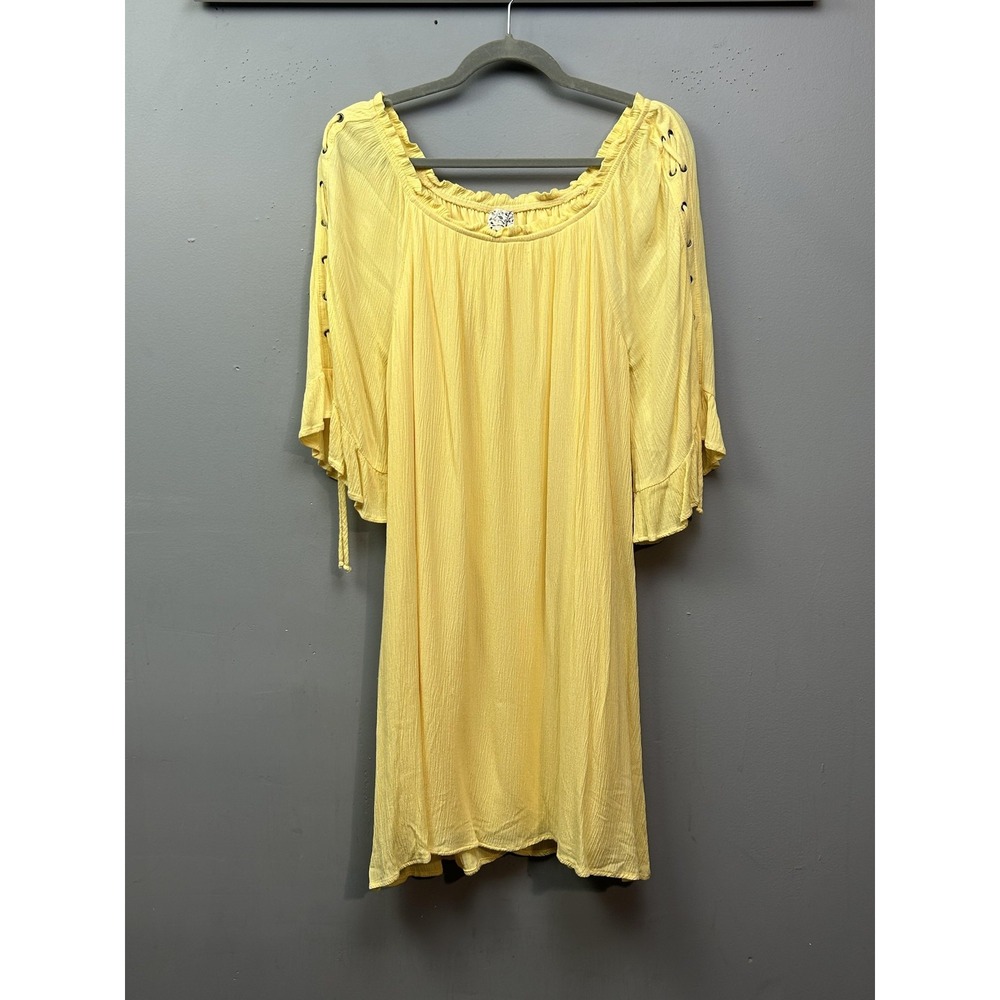 Naif Dress‎ Womens Large Yellow Crinkle Gauze Lace Up Sleeve Boho Mini Festival